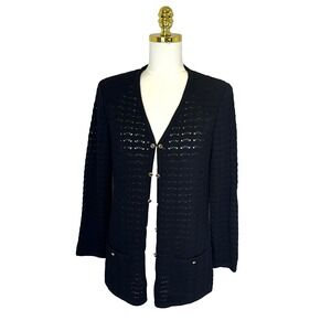 St John Santana‎ Knit Long Cardigan Sweater Small Black Gold Buttons Open Front